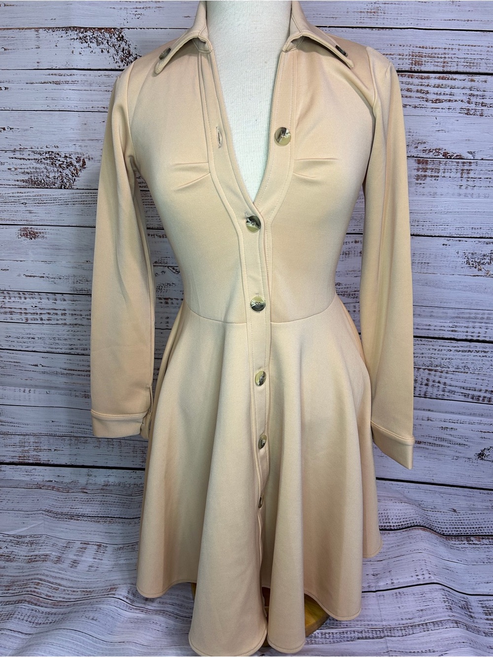 Aria Cream Long-Sleeve Button-Down Fit & Flare Dress